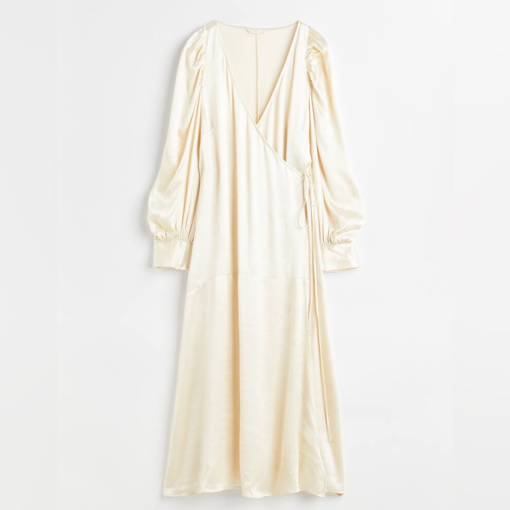 H&M Cream Satin Wrap Midi Dress with Long Sleeves